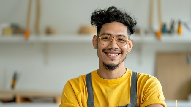 Carpenter smiling while working on a woodworking project in a workshop representing craftsmanship, skill, and dedication to trade Portrait, Realistic Photo, High resolution, Half-body picture, ,