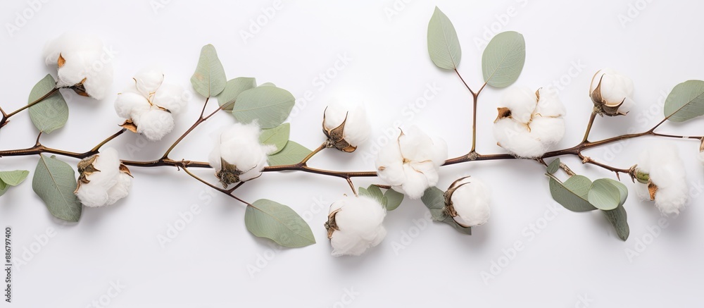Leinwandbilder top view of delicate white cotton flowers and fresh eucalyptus twigs arranged in a floral compositio