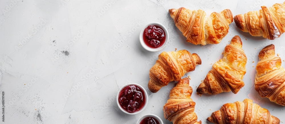 Sticker delicious miniature croissants filled with jam, freshly baked and presented from above with ample sp