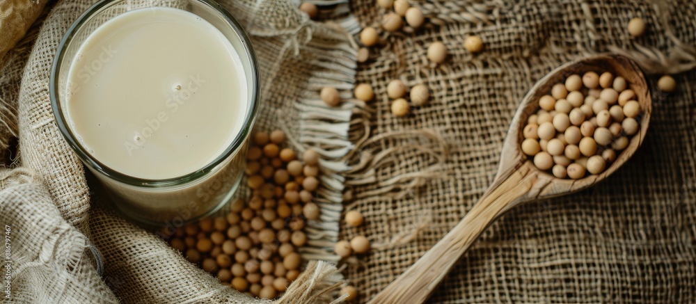 Poster glass of soy milk with a spoonful of soybeans on a rustic sackcloth background, perfect for adding y