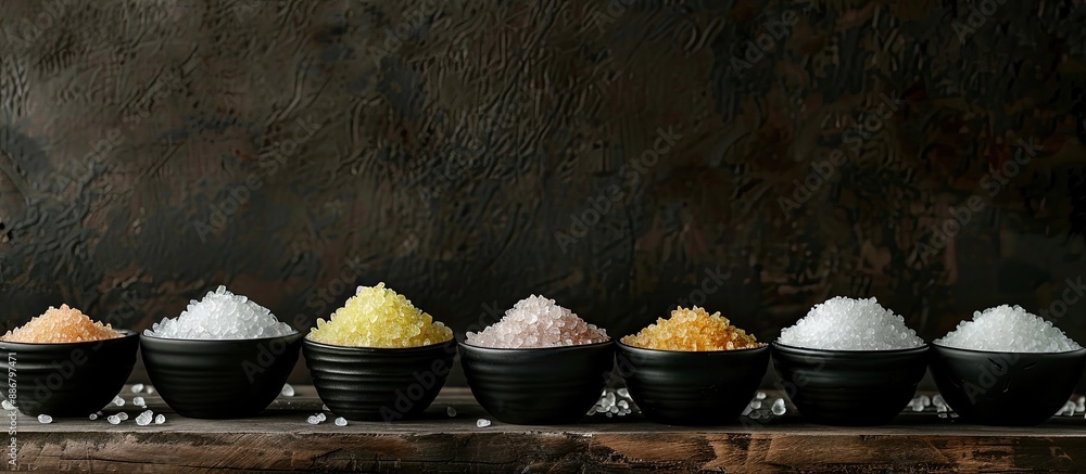 Poster a lineup of bath salts and mineral salts displayed neatly on a dark wooden table, ideal for a copy s