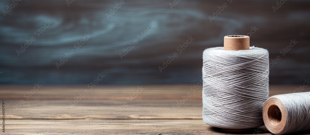 Poster Selective focus on a wooden background with gray cotton thread, creating a peaceful copy space image.