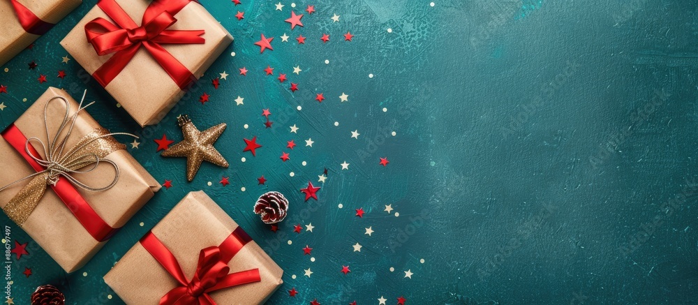 Poster top view christmas composition with gift boxes and stars on a background, providing copy space for t