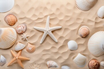 Sandy beach surface with imprints of exotic seashells and starfish as a natural textured background.