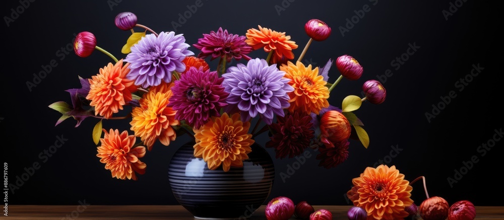 Poster autumn flowers, beautiful asters in a vase on a table with a black backdrop, allowing for a text wit