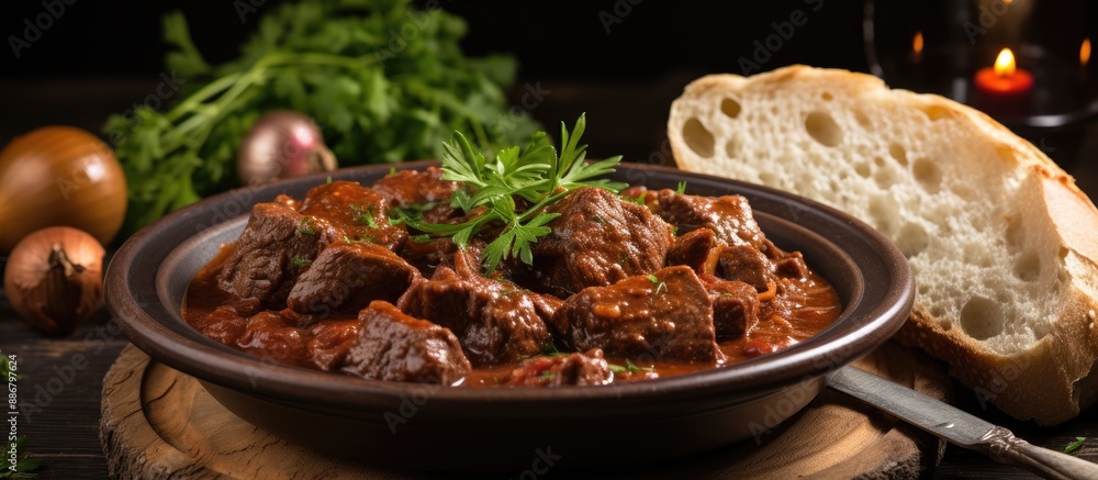 Aufkleber Beef Goulash served with onion and rustic homemade bread, complemented by a visually appealing background to create an enticing copy space image.