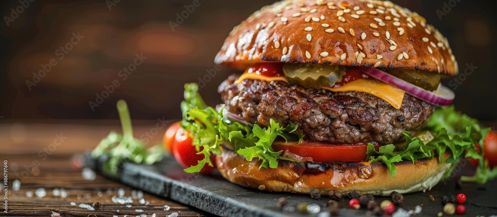 Poster classic american hamburger featuring meat, cheese, and assorted veggies on a dark rustic backdrop wi