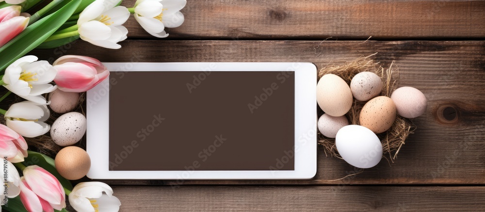 Poster On a wooden table, there is a tablet with a blank screen and painted eggs displayed, creating a charming composition with a copy space image.