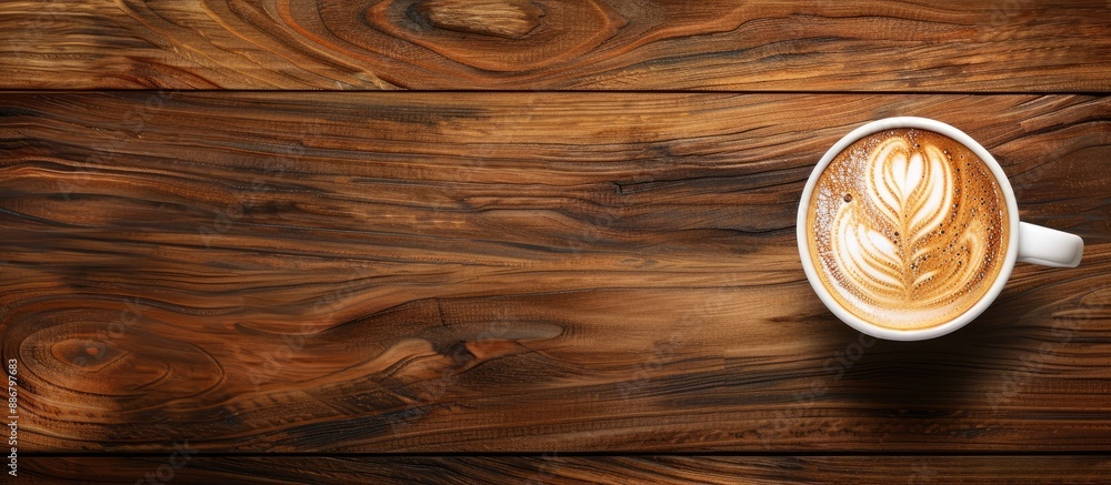 Poster a cup of flat white coffee is placed on a wooden table with ample copy space image.