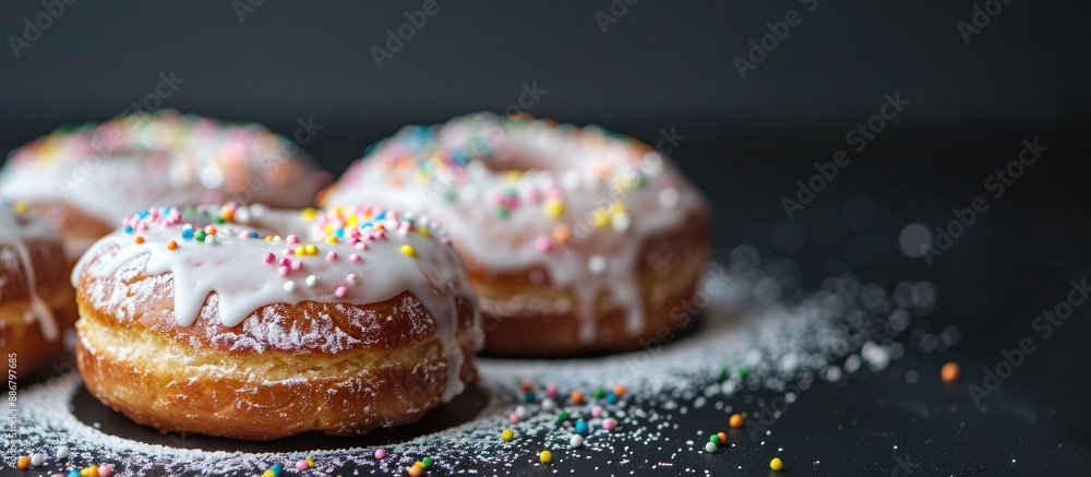 Poster elegant black background enhances german krapfen with drizzled glazed sprinkles, creating a visually
