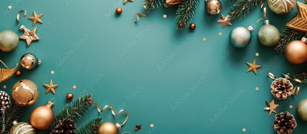 Wall mural Top view of a border made of Christmas ornaments on a turquoise background, adorned with decorative fir branches, golden balls, stars, and bows, featuring a flat lay copy space image.