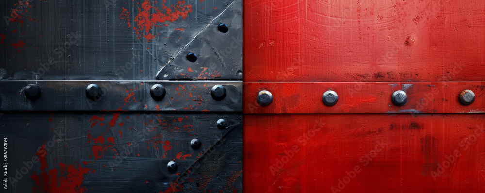 Aufkleber a dynamic abstract background featuring a metallic panel with riveted edges, against a bold red and