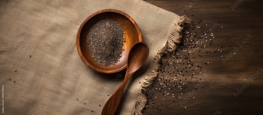 Poster flat lay featuring a wooden bowl filled with chia seeds on a textured burlap backdrop. a spoon is pl