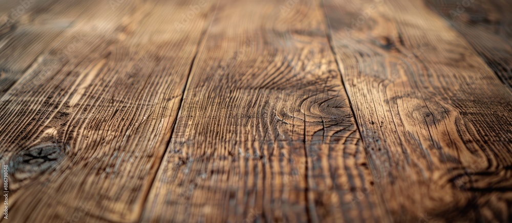 Poster Macro shot of vintage-style wooden table with grain texture providing an empty surface for abstract backgrounds, wallpapers, and design with copy space image.