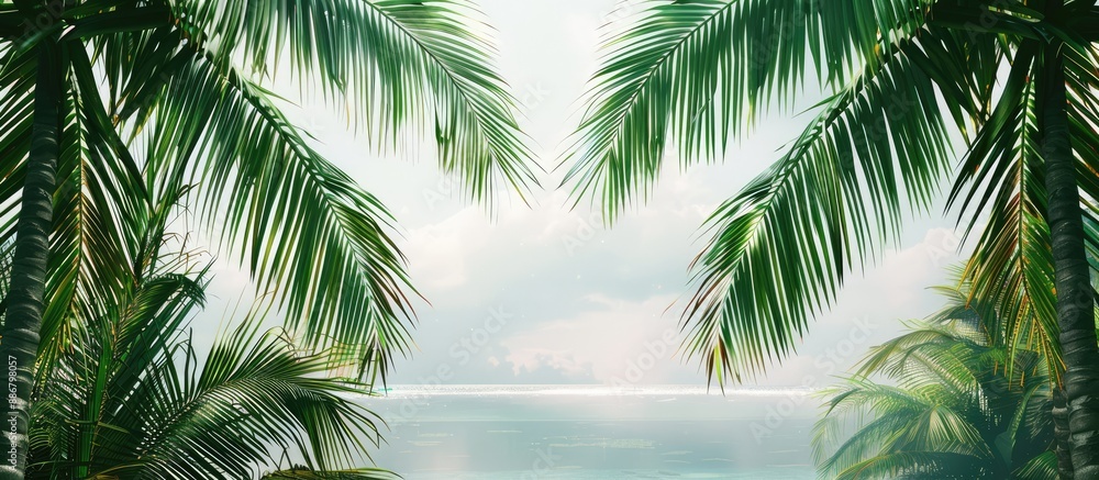 Poster Tranquil panorama with palm trees framing a copy space image.