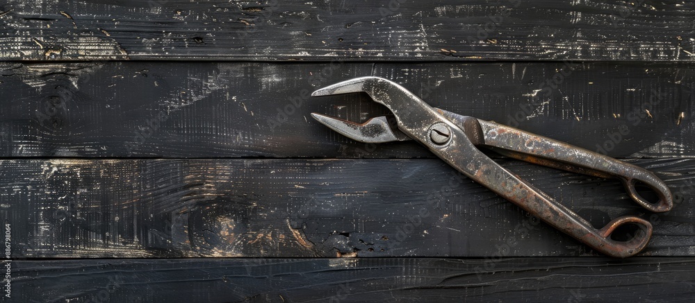 Poster directly above, there is an old pair of pliers on a black wood background with copy space image.