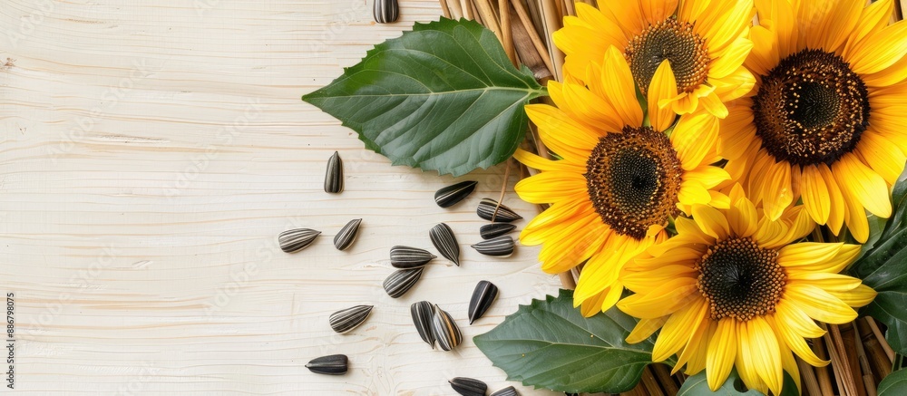 Poster sunflower seeds arranged on bamboo with a white wooden table providing ample copy space image.