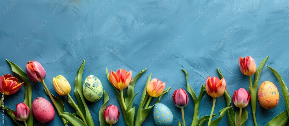 Poster easter-themed mockup featuring a tulip arrangement alongside colored eggs, viewed from above with co
