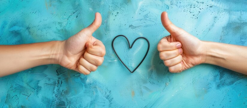 Two hands gesturing thumbs up and half a heart shape on a blue background, with ample space for text or images, symbolizing the friendzone concept and flirting.