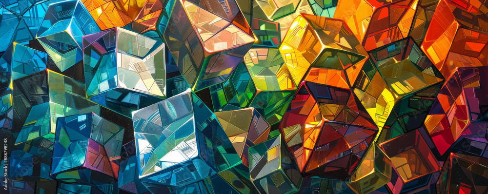 Poster a geometric design with colorful glass cubes forming a mosaic pattern, each cube reflecting light