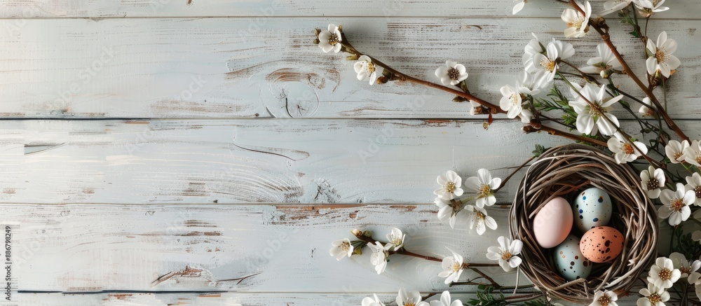 Aufkleber easter-themed backdrop featuring flowers, a nest with eggs, set against white wooden boards with a b