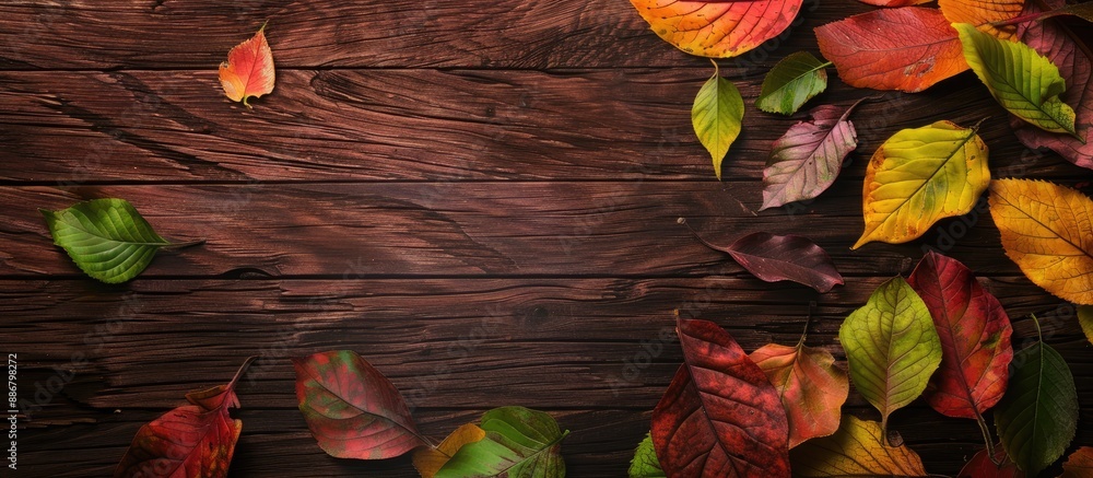 Leinwandbilder a background composition featuring colorful leaves on brown wooden boards with copy space image for 