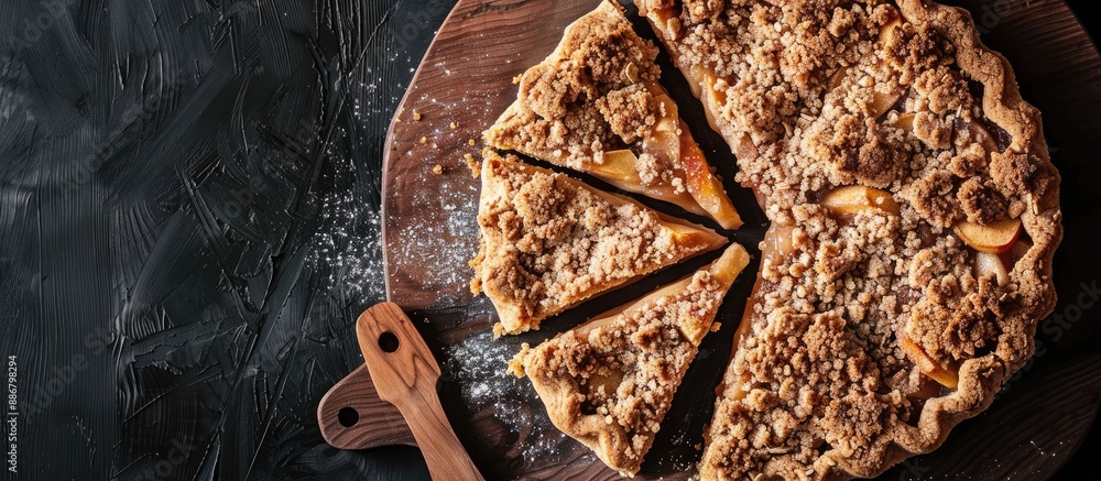 Aufkleber top view of apple crumble pie slices on a wooden board with ample copy space image.