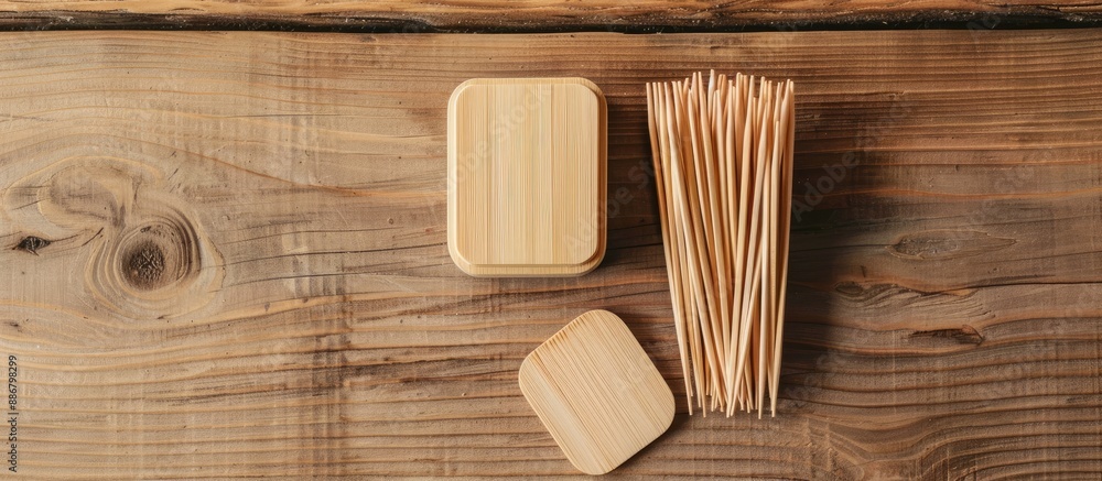 Aufkleber wooden background with disposable toothpicks and holder arranged in a flat lay composition, featurin