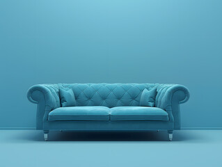 Fototapeta premium Blue luxury soft comfortable sofa on a blue plain background. Neural network AI generated art