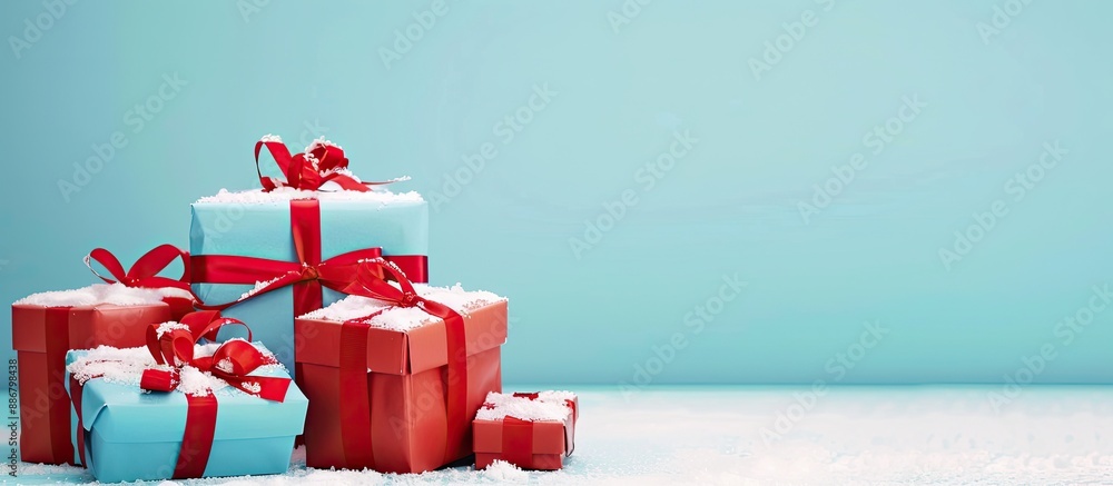 Aufkleber gifts for christmas displayed against a blue backdrop with ample copy space image.