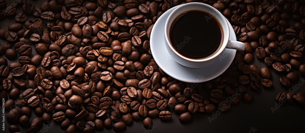 Poster Top view of a coffee cup filled with dark roasted beans on a background perfect for adding text or images, known as a copy space image.