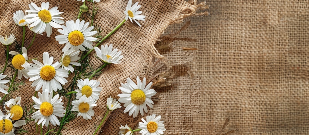 Poster Top view of chamomile flowers and white field daisies scattered on burlap, creating a scenic backdrop suitable for design projects with copy space image.