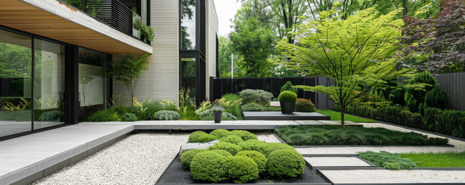 A modern garden landscape featuring sleek, minimalist design elements with clean lines, geometric shapes, and a mix of greenery and hardscaping materials.