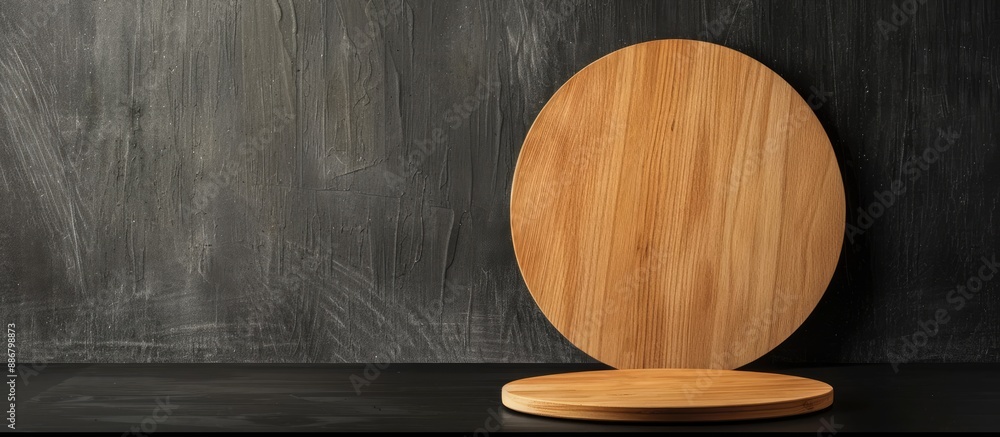Poster a circular wooden sign with blank space sits on a black table, set up as a basic mockup for a door s