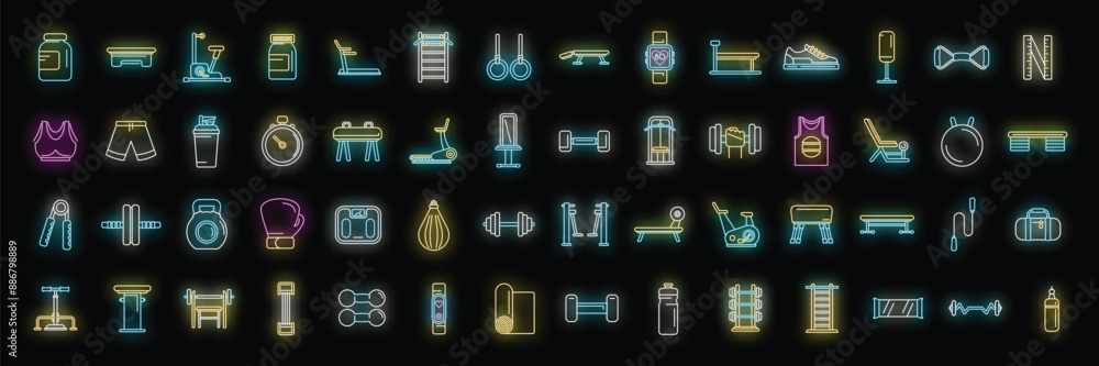 Sticker Fitness equipment icons set outline vector. Active gym. Muscle diet neon color on black