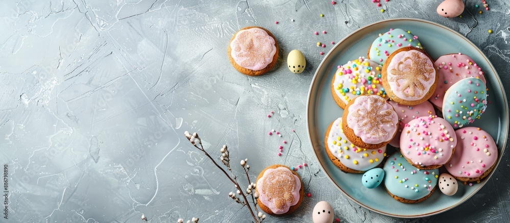 Poster easter cookies on a plate set against a textured background with room for text in the image.