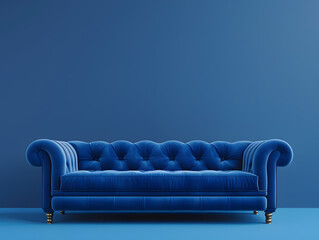 Blue luxury soft comfortable sofa on a blue plain background. Neural network AI generated art