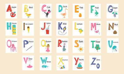 English alphabet with pictures for each letter. Vector illustration.