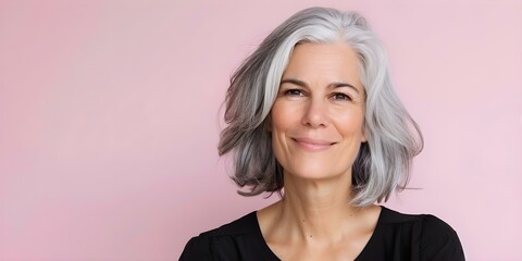 Portrait of a smiling middleaged Caucasian woman with gray hair on pink background. Concept Portrait Photography, Smiling Woman, Middle-aged, Gray Hair, Pink Background