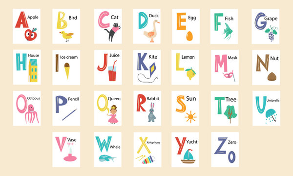 English alphabet with pictures for each letter. Vector illustration.