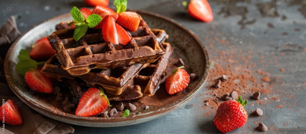 Aufkleber A ceramic plate with a stack of chocolate waffles topped with strawberries and mint, creating a visually appealing presentation with ample copy space image.
