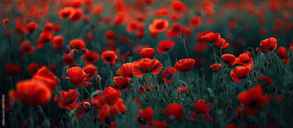 Poster Blooming red poppy flowers in the countryside with a copy space image available for text integration.