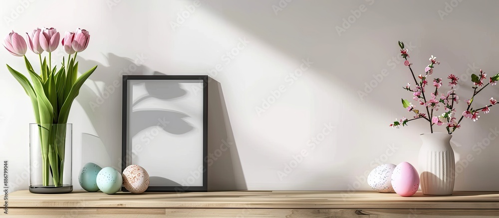 Poster Tulip flowers and Easter eggs displayed on a wooden table against a light wall with an empty picture frame for a copy space image.