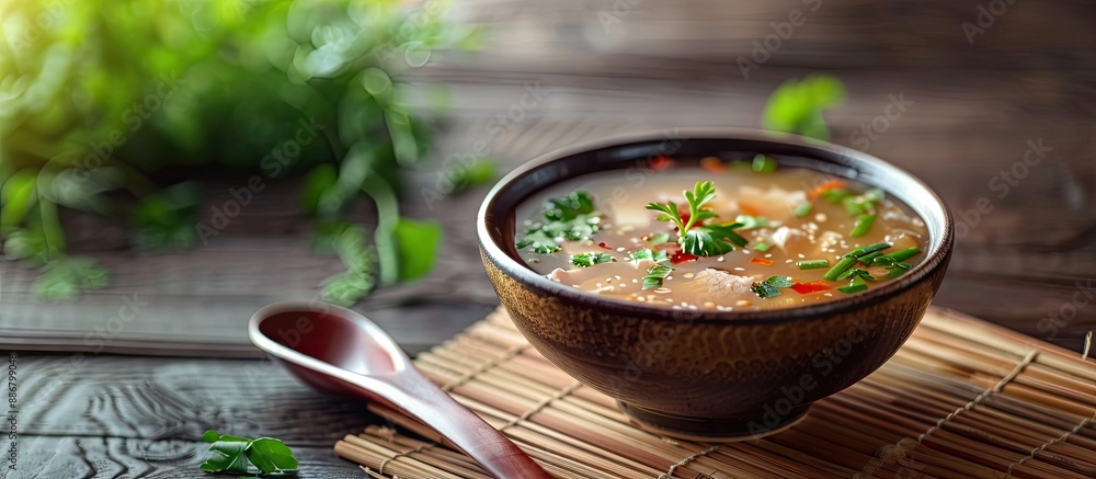Poster A bowl of Chinese soup displayed on a table with a traditional spoon, creating an appealing visual with a copy space image.