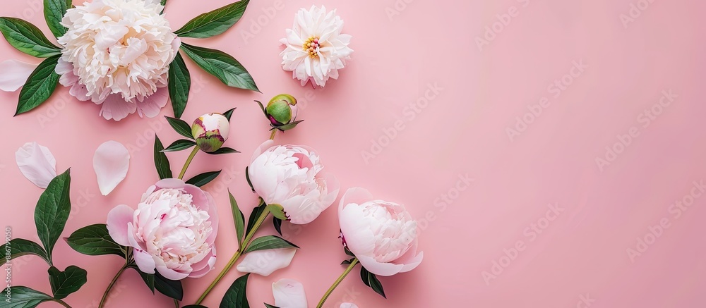 Aufkleber peony flowers and green leaves arranged on a soft pink backdrop create a greeting card theme featuri