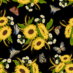 Butterflies and bouquets with sunflowers.Butterflies, sunflowers and daisies on a black background in a color vector pattern.