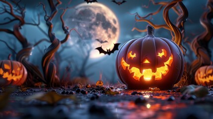 Naklejka premium Spooky Halloween night with glowing jack-o'-lanterns, full moon, and eerie trees. Perfect for Halloween and autumn-themed designs.