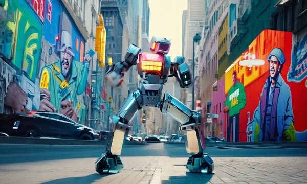 A robot is dancing in the middle of a city street, surrounded by cars and buildings. The scene is set in a busy urban environment