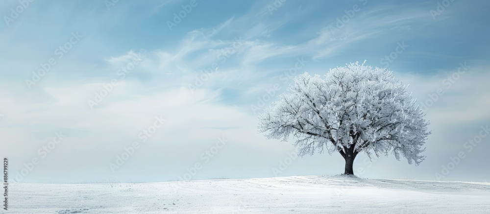 Leinwandbilder captivating winter scene showcasing a tree with snowy branches against a half-clear sky in the backg