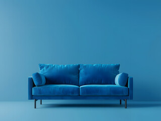 Blue luxury soft comfortable sofa on a blue plain background. Neural network AI generated art